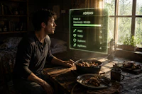 a man sitting at a table looking at a computer screen