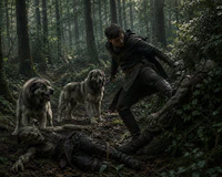a man is standing in a wooded area with a group of zombies