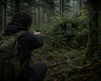 a man is taking a picture of a tree in the woods