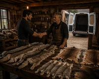 two men shaking hands at a table full of furs