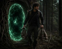 a man walking through a green hole in the woods