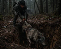 a man pulling a wolf out of a hole in the woods