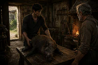 two men are preparing a pig in a room