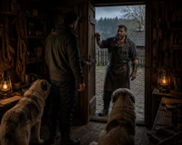 a man is standing in front of a door with two dogs