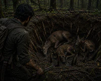 a man is standing in a hole in the woods with a group of deer
