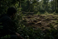a man is sitting in a wooded area