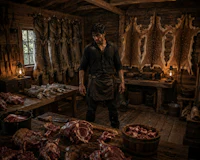 a man standing in front of a room full of meat