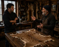 two men talking about a deer skin in a workshop