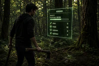 a man in a hoodie is holding an axe in the woods