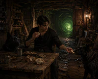 a man sitting at a table with two dogs