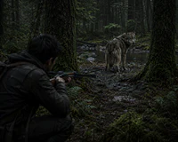 a man with a rifle in the woods looking at a wolf