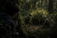a man is looking at a group of zombies in the woods