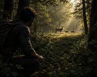 a man kneeling in the woods with a rifle