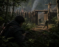 a man is walking through a wooded area