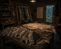 a room with a lot of furs on a table