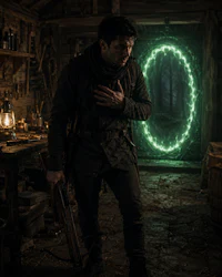 a man holding a gun in a dark room