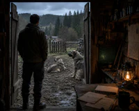 a man is standing in a doorway looking at two dogs