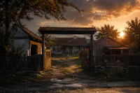 a wooden gate in the middle of a dirt road
