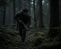 a man walking through a forest with a rifle