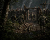 a group of people walking through a wooded area