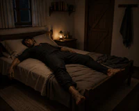 a man laying on a bed in a dark room