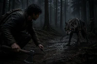 a man with an axe and a wolf in the woods