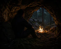 a man sitting by a campfire in a cave
