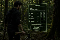 a man holding an axe in the woods
