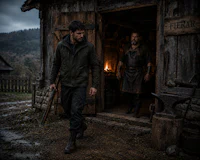 two men standing in front of a wooden cabin