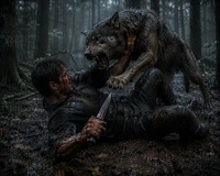 a man is fighting with a wolf in the woods