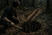 a man with an ax in a hole in the woods