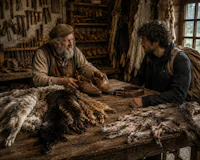 two men sitting at a table with sheep skins