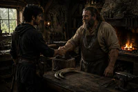a man is shaking hands with a man in a blacksmith shop