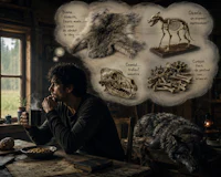 a man sits at a table with a skeleton and a dog