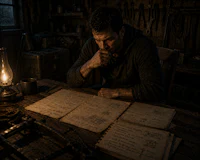 a man sits at a table with papers and a lamp