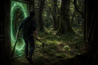 a man opens a door into a forest