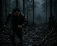a man walking through a dark forest