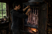 a man is preparing meat in a wood burning oven