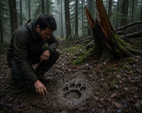 a man kneeling down in the woods