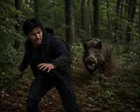 a man with a knife and a boar in the woods