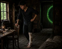 a man standing in a room with a broken leg