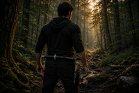 a man in a black hoodie standing in a wooded area