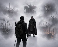 a man and a woman standing in front of a fog