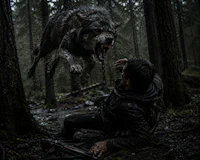 a wolf is attacking a man in the woods