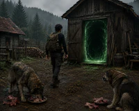 a man is standing in front of a house with two dogs and a green door