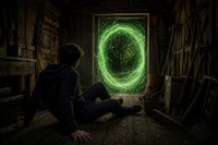 a man sits on the floor in front of a green door