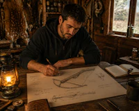 a man sits at a table and draws on a piece of paper