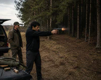 two men standing in a wooded area with a gun