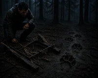 a man kneeling down in the woods