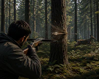 a man is shooting a deer in the woods